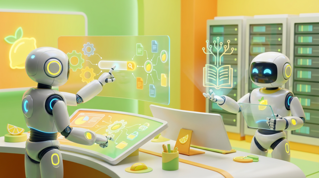 Team of friendly AI robots collaborating in a bright, modern tech space with citrus accents, showing how an AI agent makes them useful by activating internal knowledge bases.