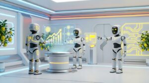 Vibrant 3D rendering of collaborative AI robots in a modern office for the blog post AI Assistant Templates Boost Business Growth.