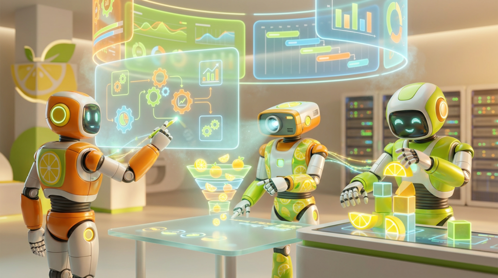 AI Agents represented as friendly robots collaborating in a vibrant 3D tech space, aligning analytics, sales support, and innovation with motion and citrus-inspired energy.