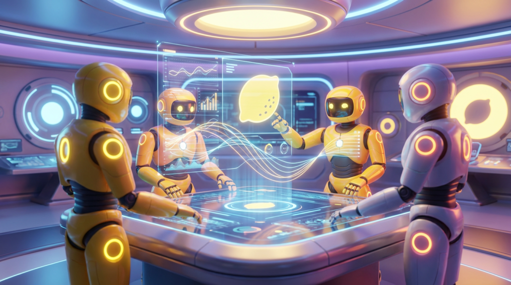 Team of friendly AI robots collaborating in a bright, modern tech space with citrus accents, illustrating how AI governance builds trust before launching AI systems.