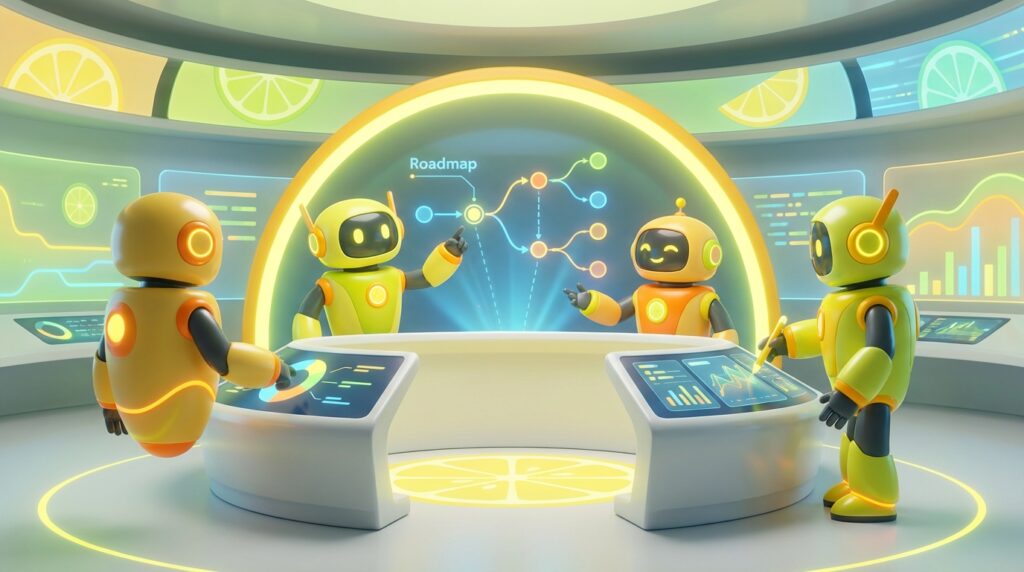 Team of friendly AI robots collaborating in a bright, modern tech space with citrus accents, visualising how teams build an AI agent roadmap across departments.