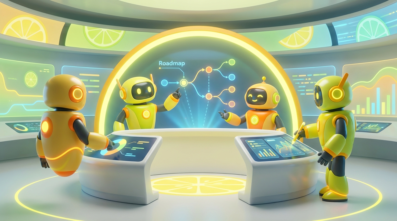 Team of friendly AI robots collaborating in a bright, modern tech space with citrus accents, visualising how teams build an AI agent roadmap across departments.