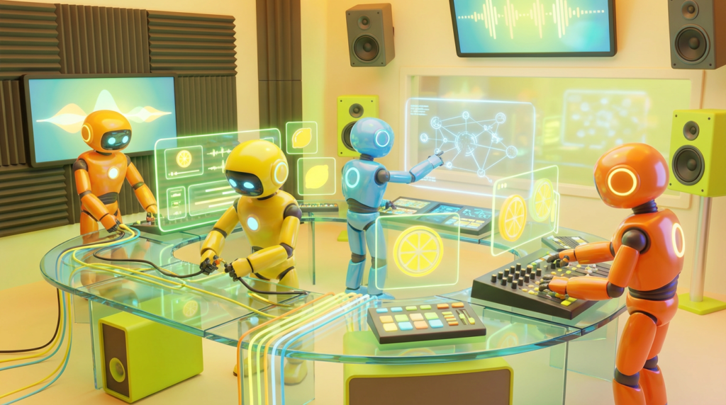 Team of friendly AI robots collaborating in a bright, modern tech space with citrus accents, showing how AI helps fix cross-team chaos through coordination.