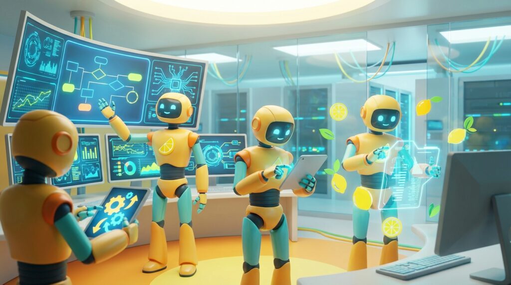 Futuristic 3D AI robot team working to show how AI supports compliance for the blog post How AI Supports Compliance in Regulated Teams.