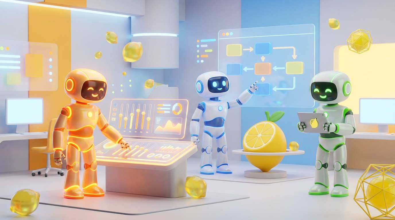 Team of friendly AI robots collaborating in a bright, modern tech space with citrus accents, illustrating how companies govern and control internal AI tools securely.