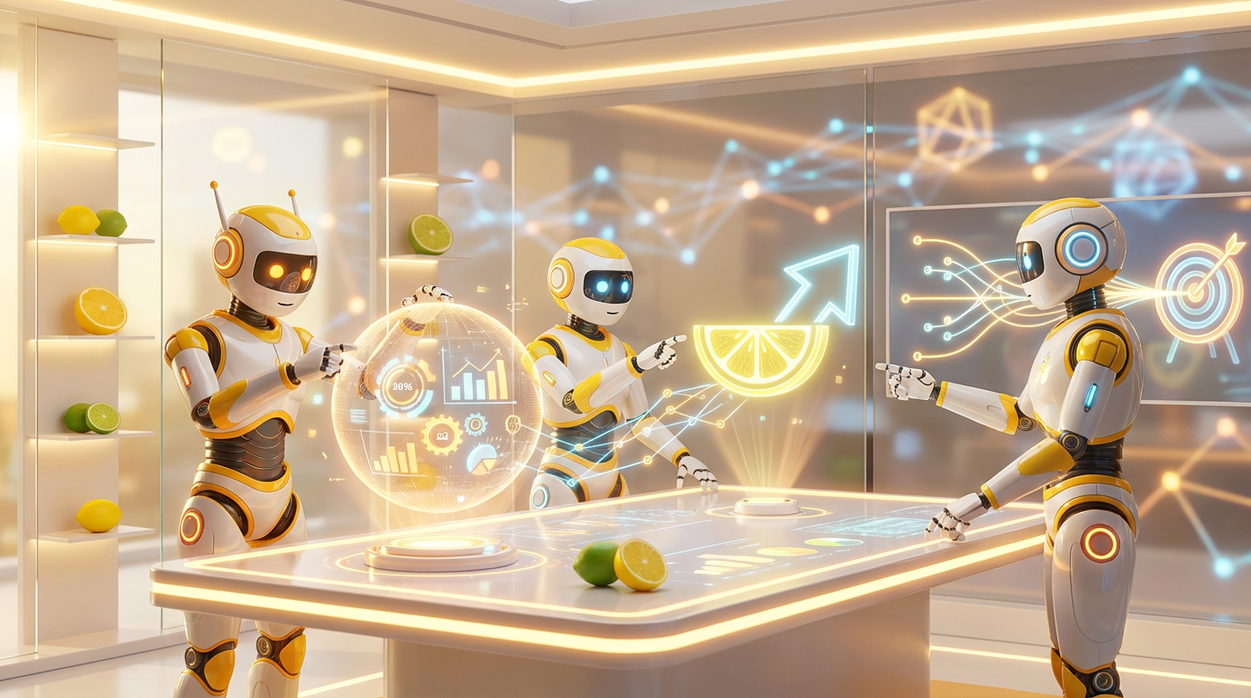 Team of friendly AI robots collaborating in a bright, modern tech space with citrus accents, demonstrating how teams align AI with real business outcomes.