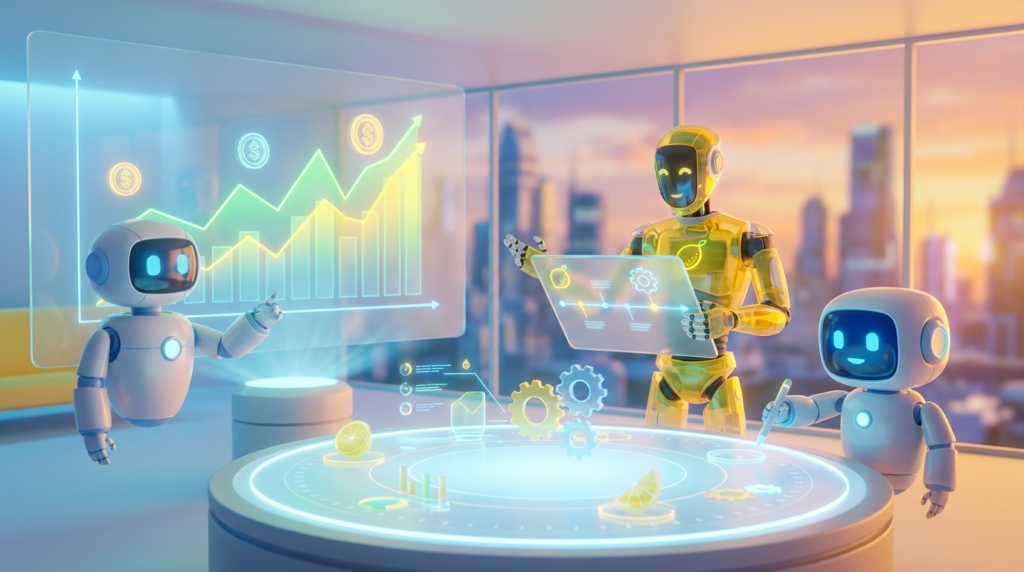 Team of friendly AI robots collaborating in a bright, modern tech space with citrus accents, illustrating how to budget for a team AI initiative and track ROI.