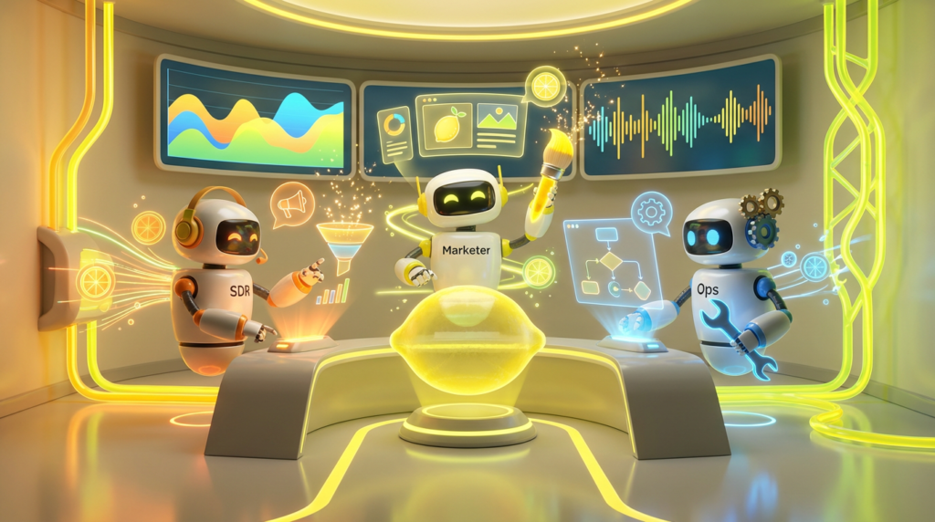 Team of friendly AI robots collaborating in a bright, modern tech space with citrus accents, representing how role-based AI agents support SDRs, marketers, and ops teams.