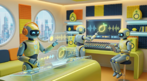Team of friendly AI robots collaborating in a bright, modern tech space with citrus accents, illustrating how to build a department bot without slowing IT teams.