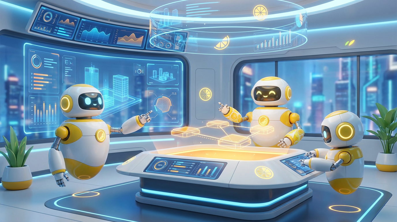 Team of friendly AI robots collaborating in a bright, modern tech space with citrus accents, illustrating how to build a future‑proof AI enterprise together.