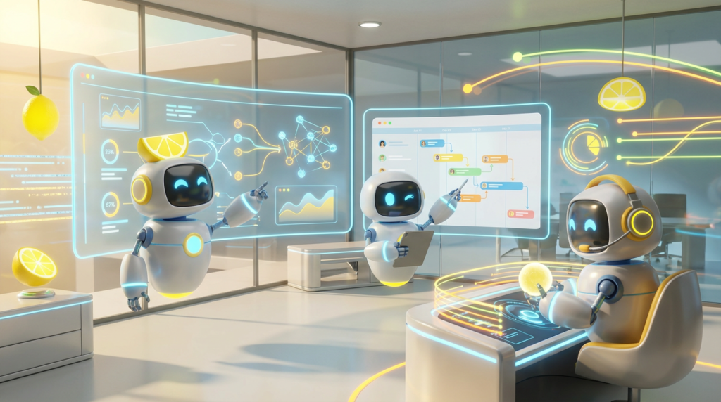 Team of friendly AI robots collaborating in a bright, modern tech space with citrus accents, illustrating how a company deploys a scalable AI Agent Program.