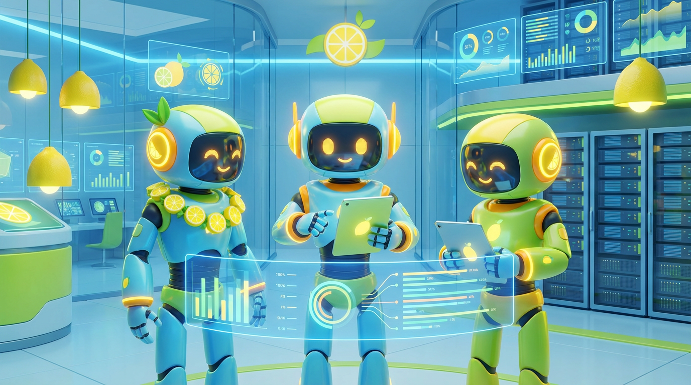 Team of friendly AI robots collaborating in a bright, modern tech space with citrus accents, showing how team AI agents stay up‑to‑date through continuous learning.