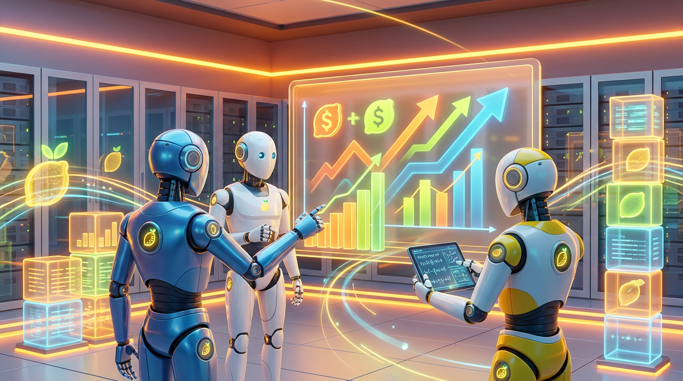Team of friendly AI robots collaborating in a bright, modern tech space with citrus accents, showing how teams measure AI agent impact on business performance and ROI.