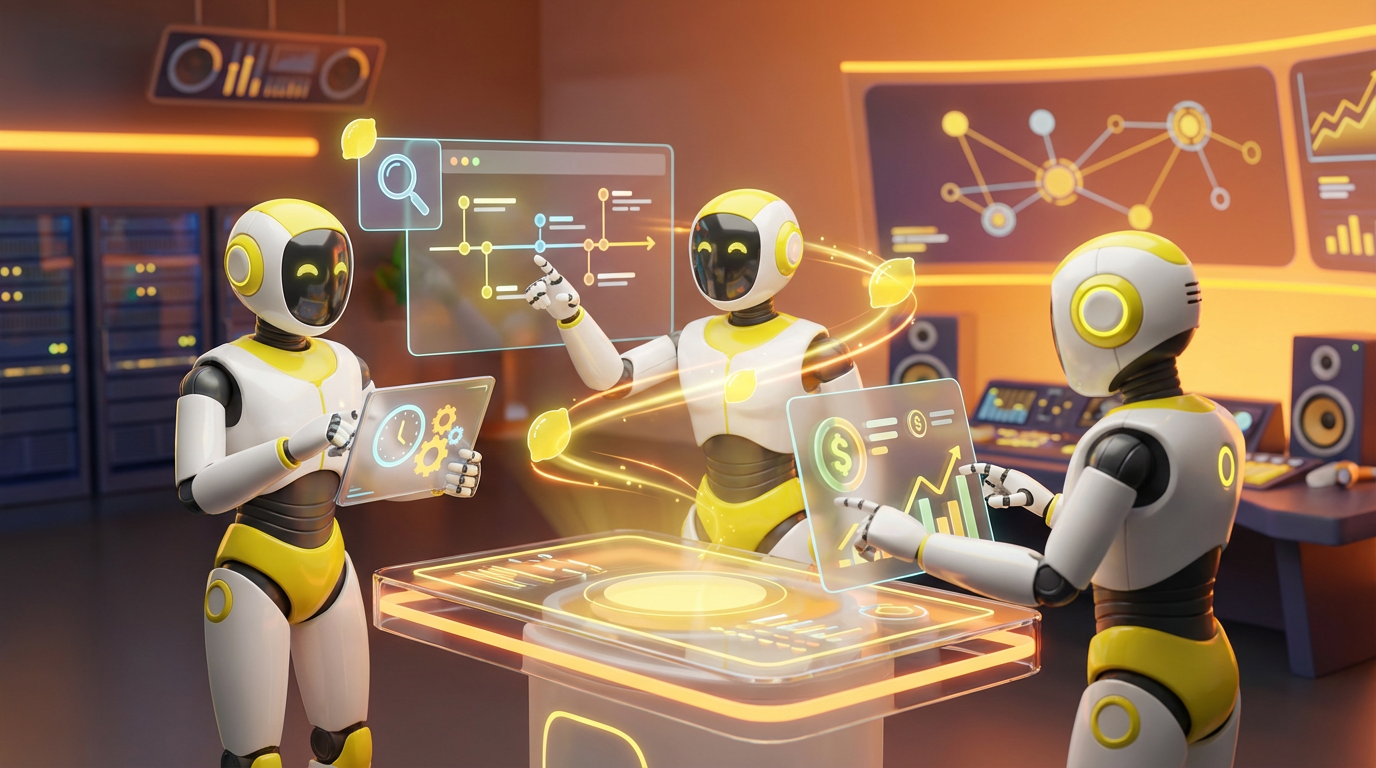 Team of friendly AI robots collaborating in a bright, modern tech space with citrus accents, showing how AI track projects, client hours, and payments automatically.