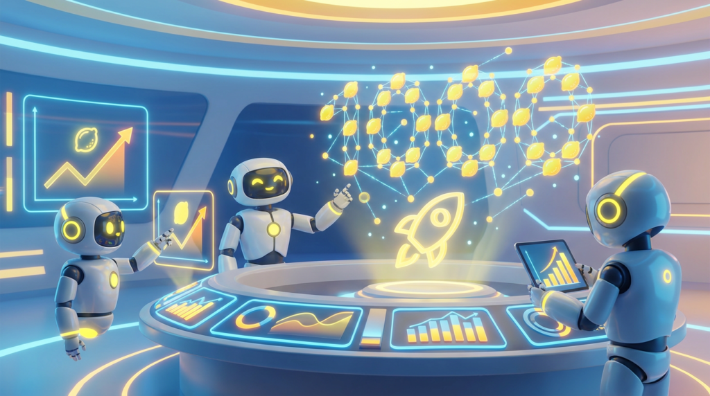 Team of friendly AI robots collaborating in a bright, modern tech space with citrus accents, showing how organisations scale AI agents from one to thousands successfully.