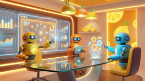 Team of friendly AI robots collaborating in a bright, modern tech space with citrus accents, illustrating how AI agents support strategic decisions for leaders.