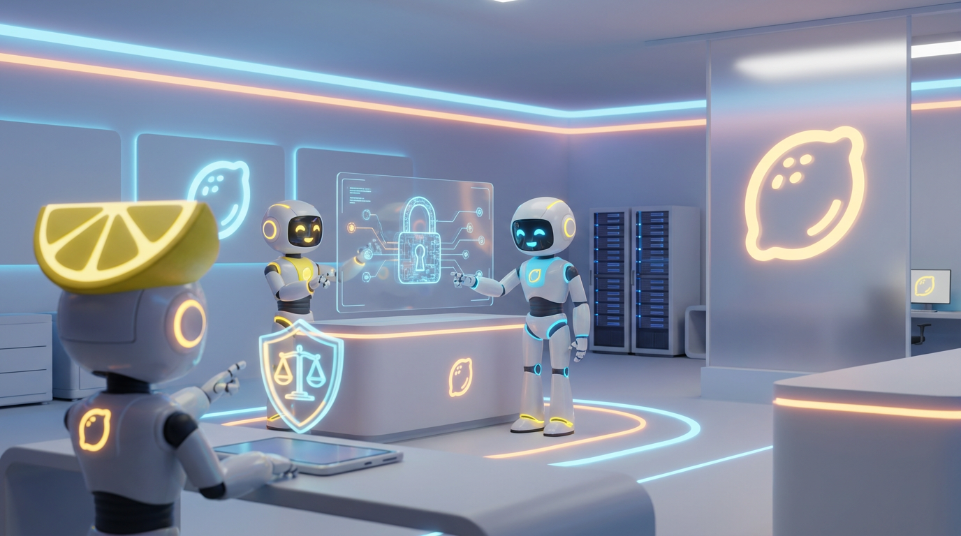 Team of friendly AI robots collaborating in a bright, modern tech space with citrus accents, illustrating an ethical and secure way to adopt AI in growing teams.
