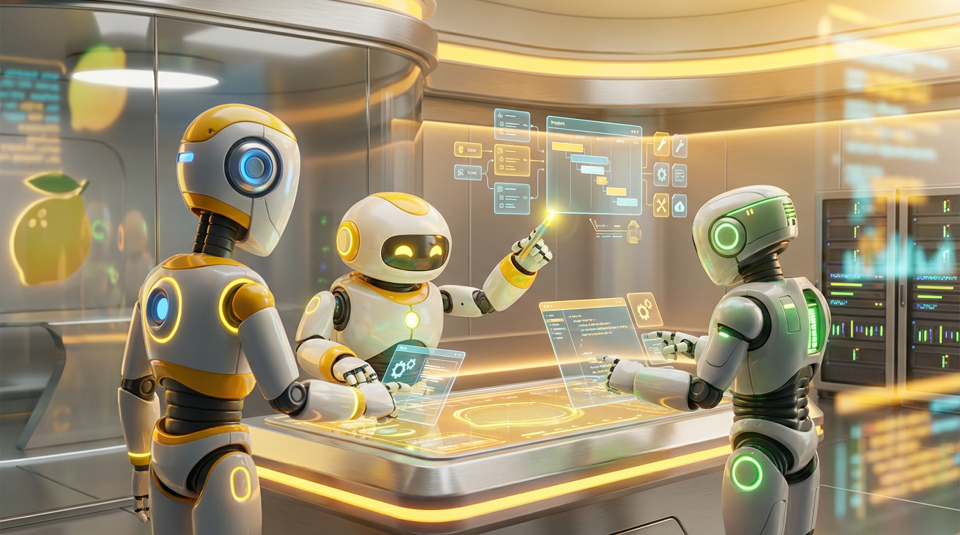 Team of friendly AI robots collaborating in a bright, modern tech space with citrus accents, representing the future of AI that knows your projects and tools.