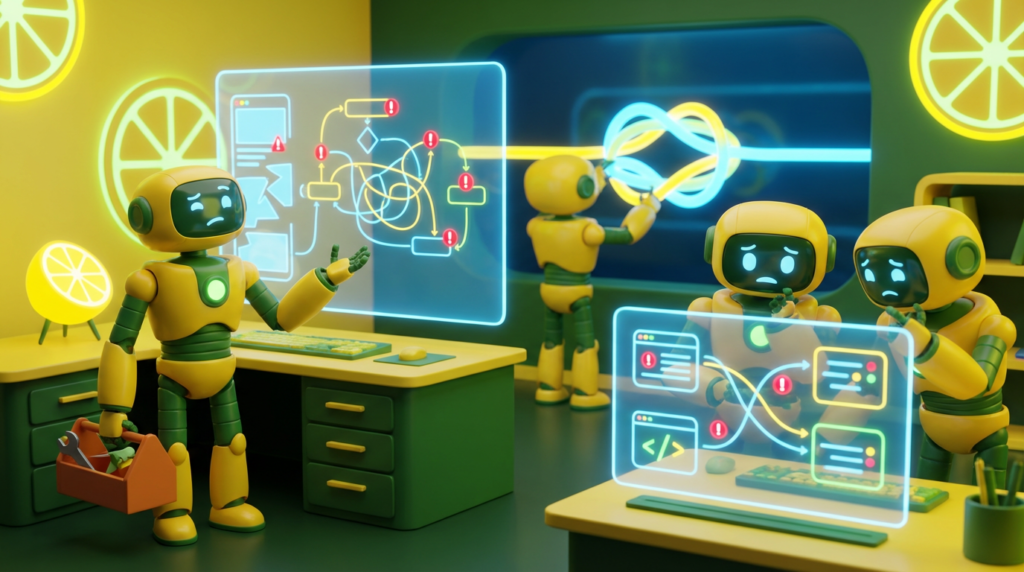 Team of friendly AI robots collaborating in a bright, modern tech space with citrus accents, showing how UX mistakes kill team AI adoption in real workflows.