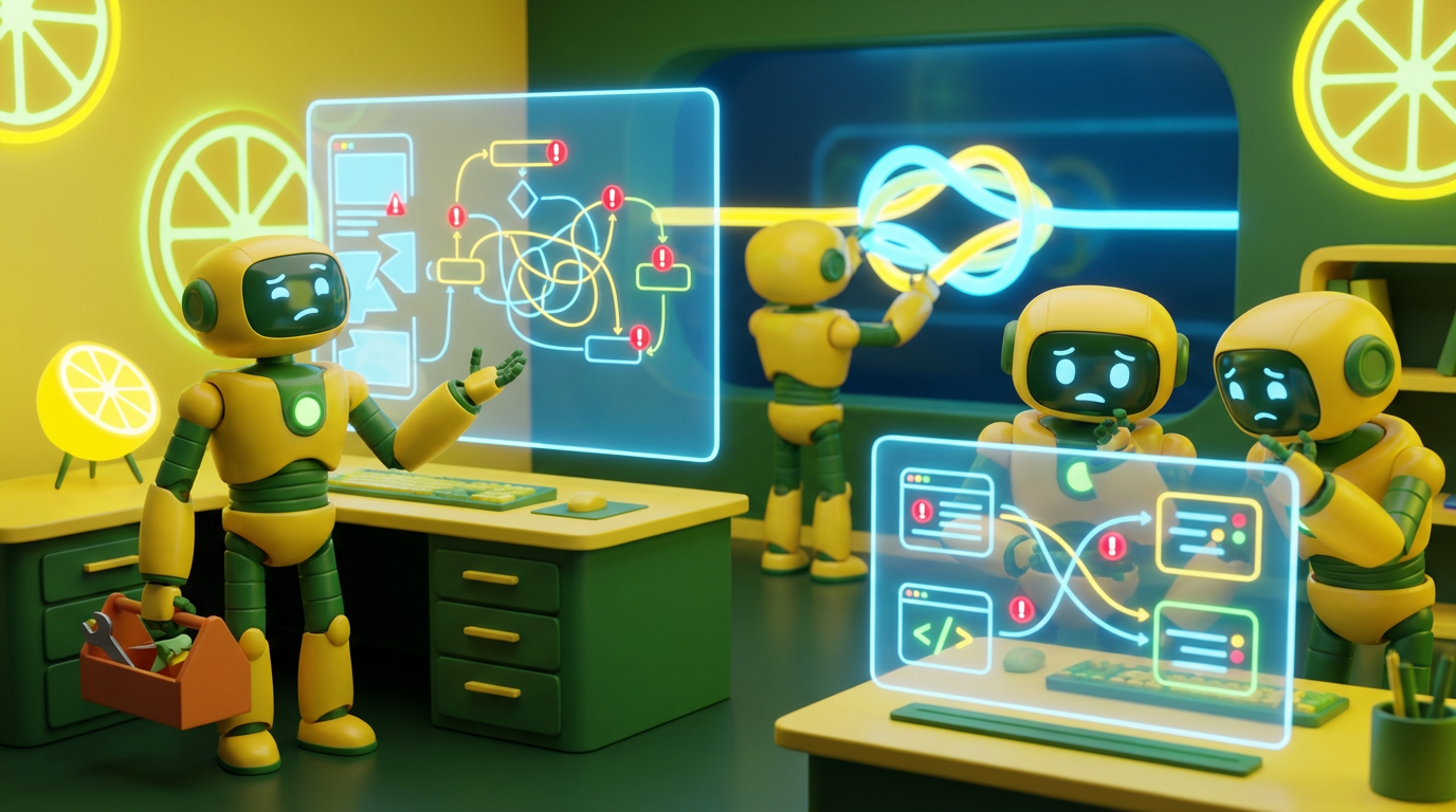 Team of friendly AI robots collaborating in a bright, modern tech space with citrus accents, showing how UX mistakes kill team AI adoption in real workflows.
