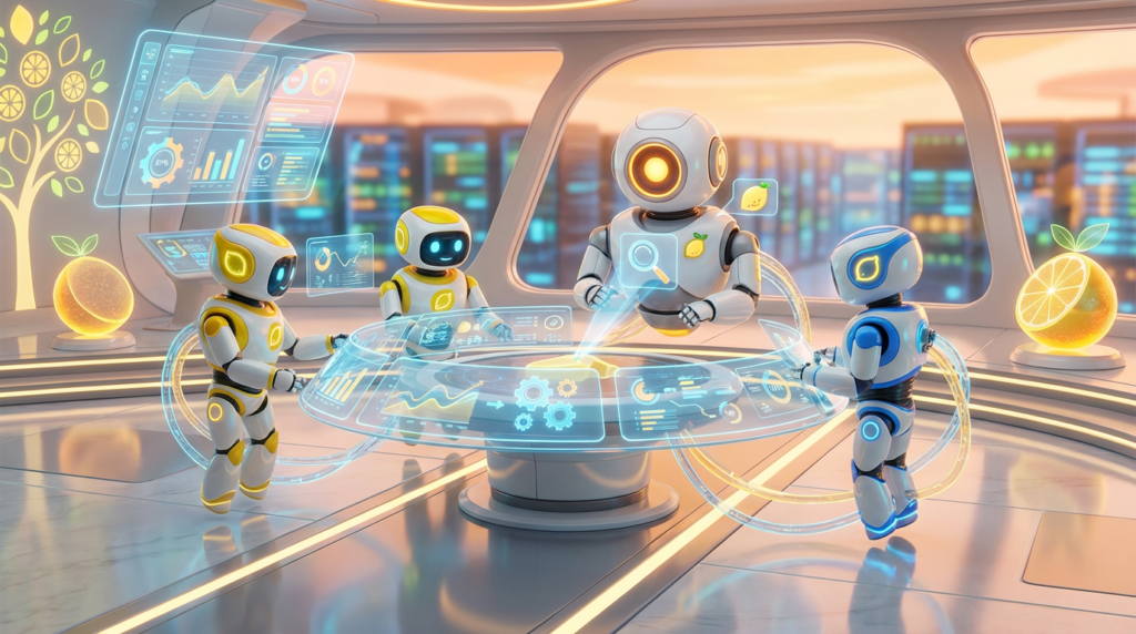 Team of friendly AI robots collaborating in a bright, modern tech space with citrus accents, depicting an Internal AI assistant observing and optimising team workflows.