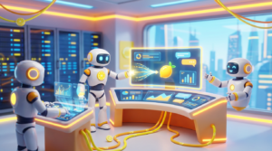 Team of friendly AI robots collaborating in a bright, modern tech space with citrus accents, illustrating how an internal Slack summarizer streamlined communication and focus.