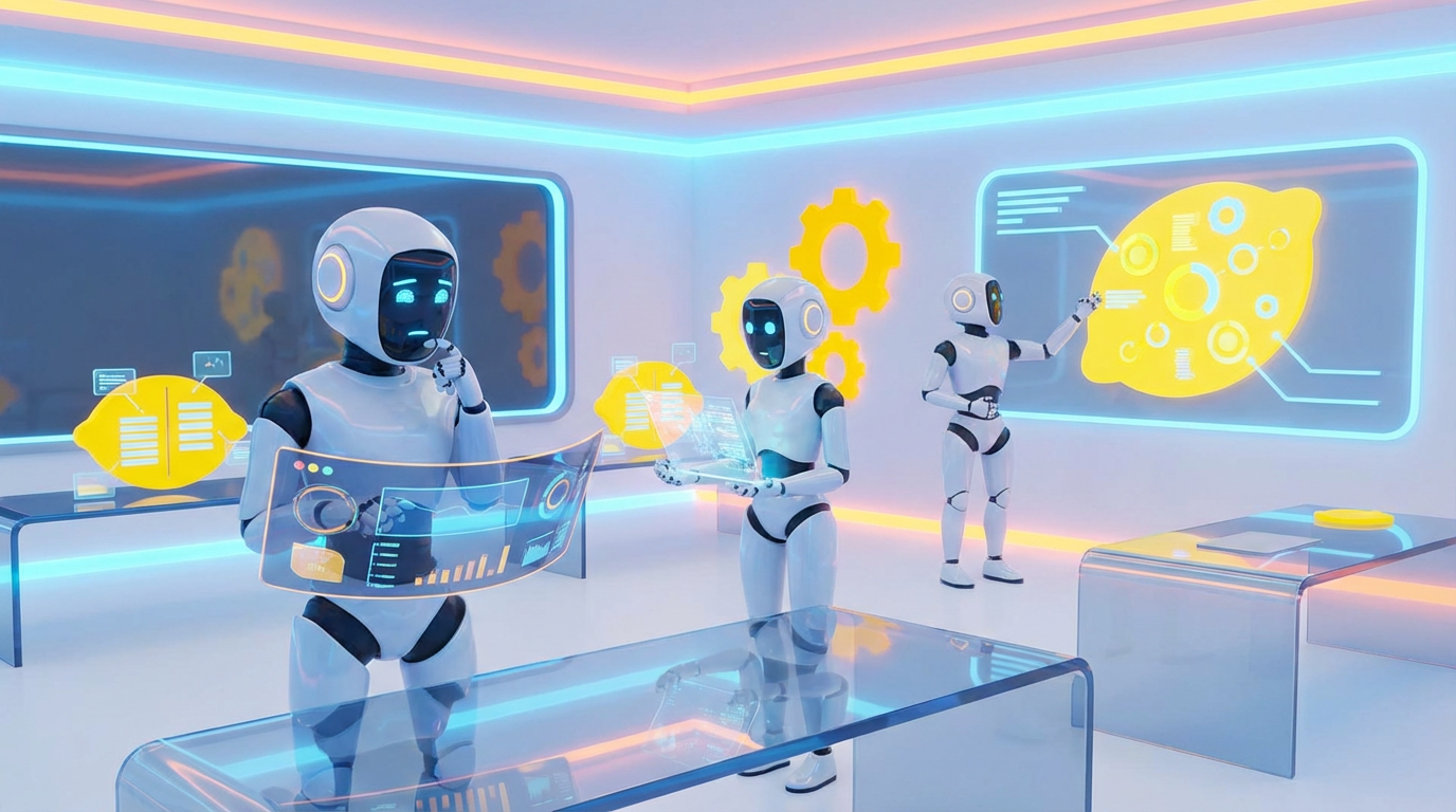 Team of friendly AI robots collaborating in a bright, modern tech space with citrus accents, exploring why teams resist AI and how collaboration can overcome it.
