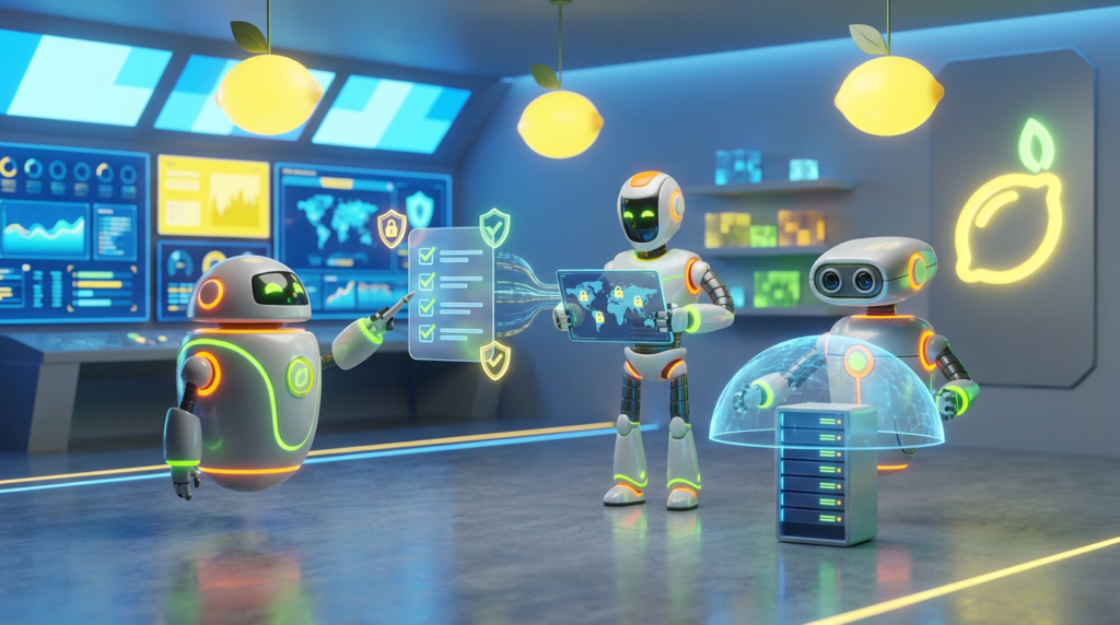 Team of friendly AI robots collaborating in a bright, modern tech space with citrus accents, representing a security checklist designed to protect enterprise AI agents.