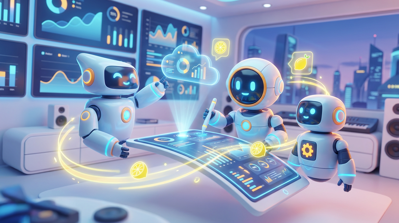 Team of friendly AI robots collaborating in a bright, modern tech space with citrus accents, representing how small businesses build a scalable AI product together.