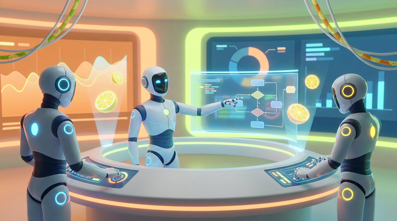 Team of friendly AI robots collaborating in a bright, modern tech space with citrus accents, demonstrating how multi-model AI agents work together in real team workflows.