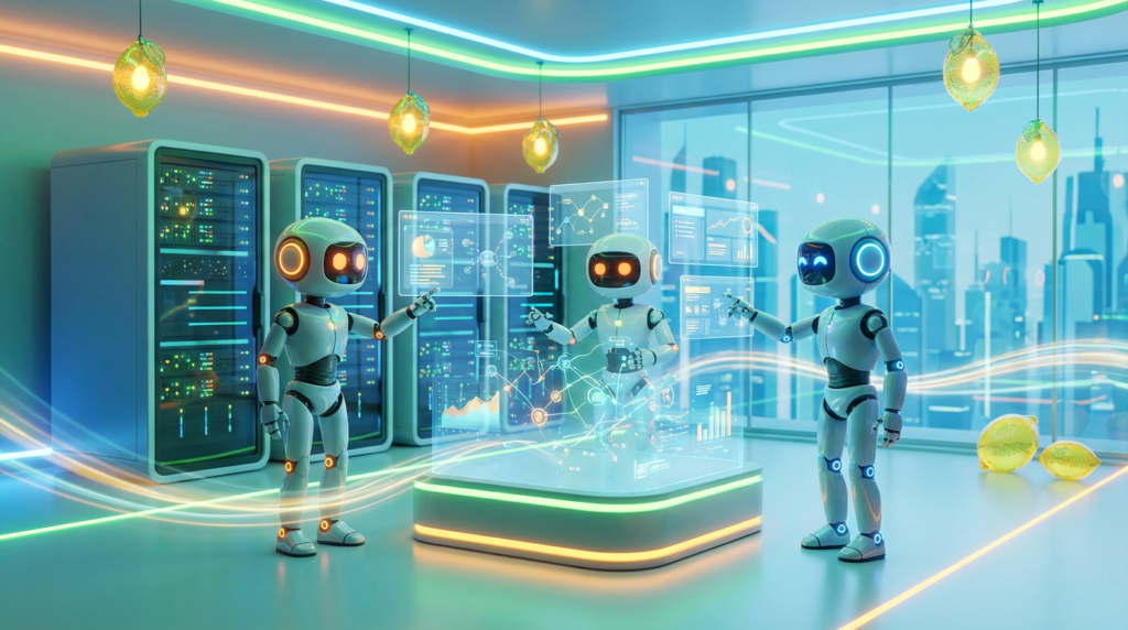 Friendly AI robots collaborate in a vibrant 3D tech room, connecting AI agents with enterprise business systems through analytics, motion, and citrus-toned innovation.