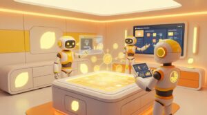 Vibrant 3D rendering of collaborative AI robots in a modern office for the blog post What Internal IT Can Learn About Launching AI Agents.