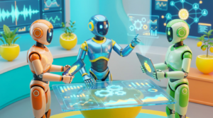 Team of friendly AI robots collaborating in a bright, modern tech space with citrus accents, visualising what leaders must know before building an AI agent.