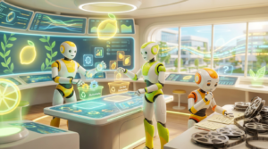 Team of friendly AI robots collaborating in a bright, modern tech space with citrus accents, exploring what to automate first and what not to automate with team AI.