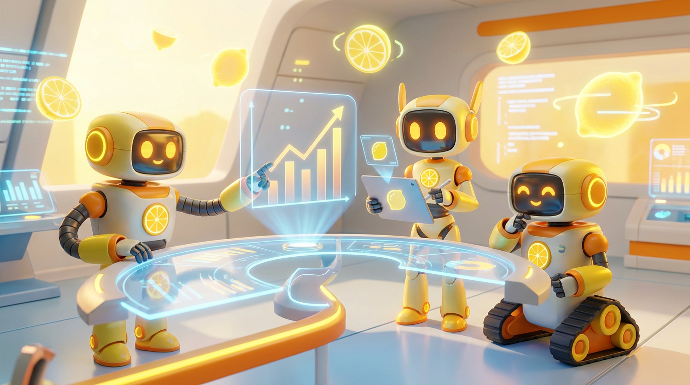 Team of friendly AI robots collaborating in a bright, modern tech space with citrus accents, exploring what to do when a team doesn’t trust AI at work.