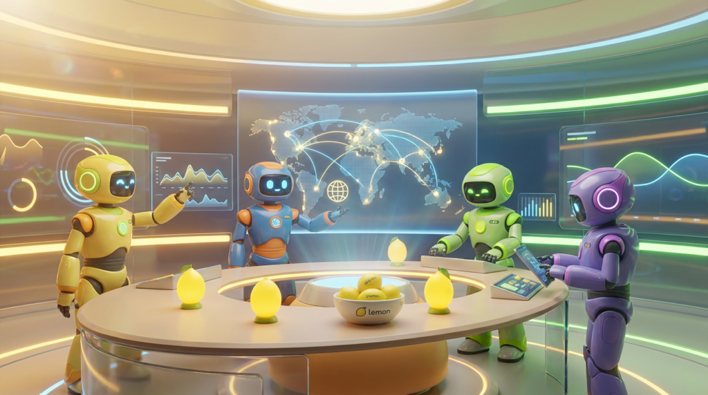 Team of friendly AI robots collaborating in a bright, modern tech space with citrus accents, showing why one AI assistant isn’t enough for global operations.