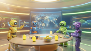 Team of friendly AI robots collaborating in a bright, modern tech space with citrus accents, showing why one AI assistant isn’t enough for global operations.