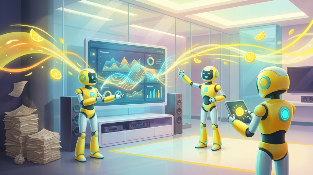 Team of friendly AI robots collaborating in a bright, modern tech space with citrus accents, demonstrating why AI dashboards outperform static reports.
