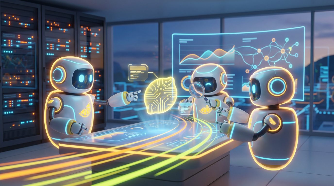 Vibrant 3D rendering of collaborative AI robots in a modern office for the blog post Why Data Teams Should Prepare AI Knowledge First.