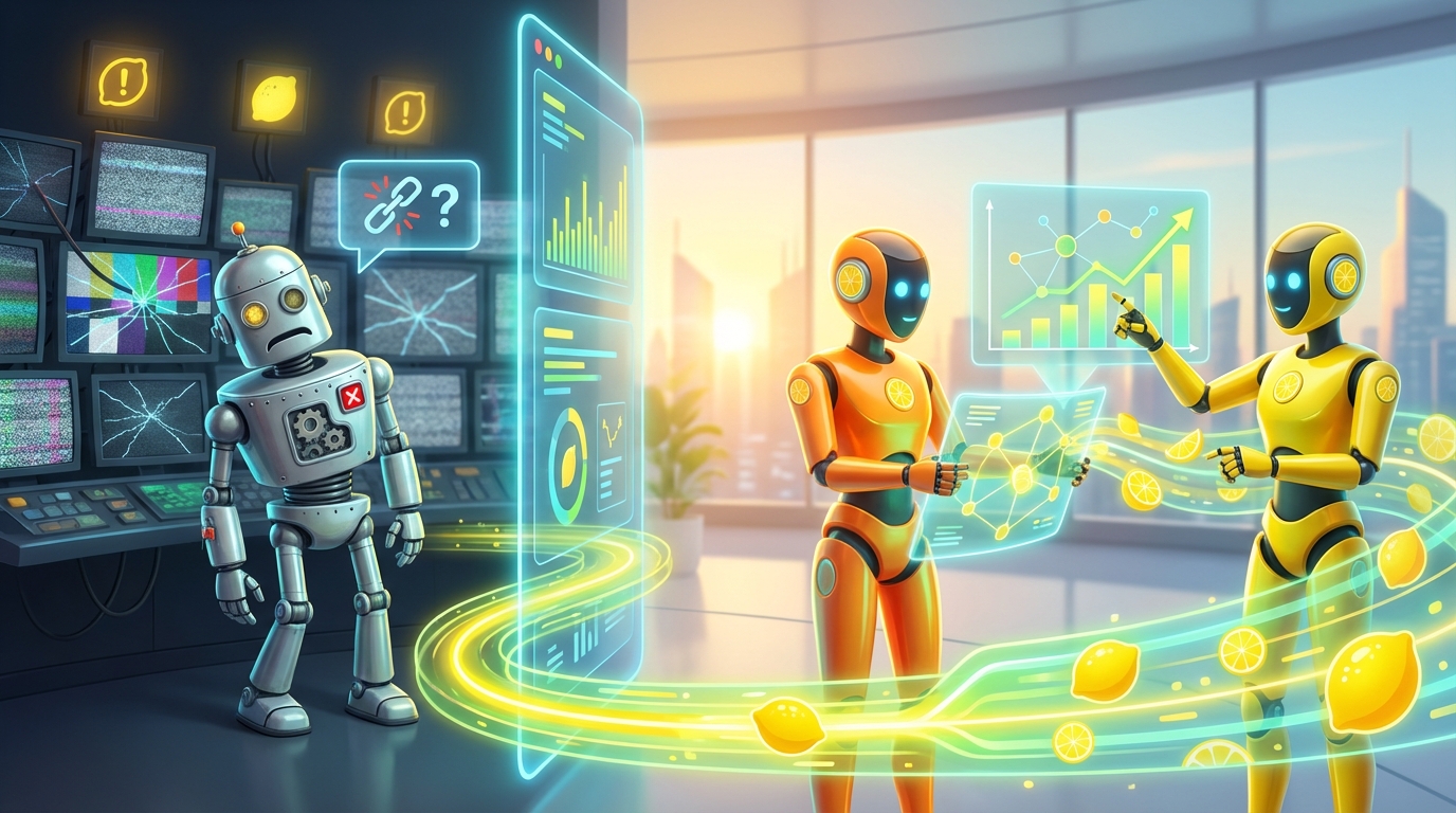 Team of friendly AI robots collaborating in a bright, modern tech space with citrus accents, explaining how agents help when enterprise chatbots fail.