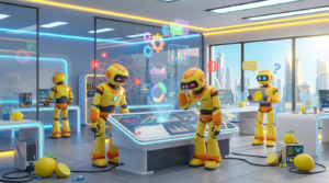 Team of friendly AI robots collaborating in a bright, modern tech space with citrus accents, representing why enterprises struggle to succeed with AI Agent projects.