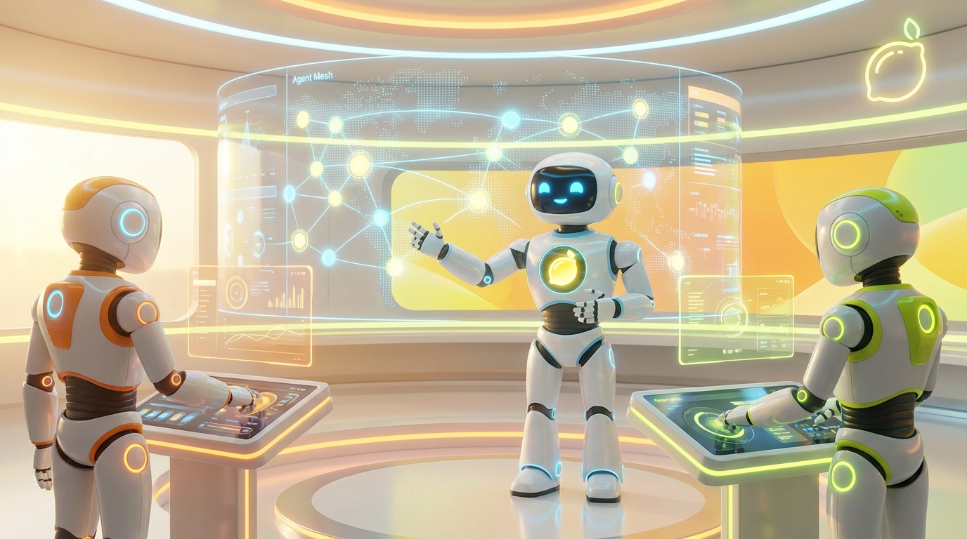 Team of friendly AI robots collaborating in a bright, modern tech space with citrus accents, visualising why enterprises are adopting agent mesh AI systems.