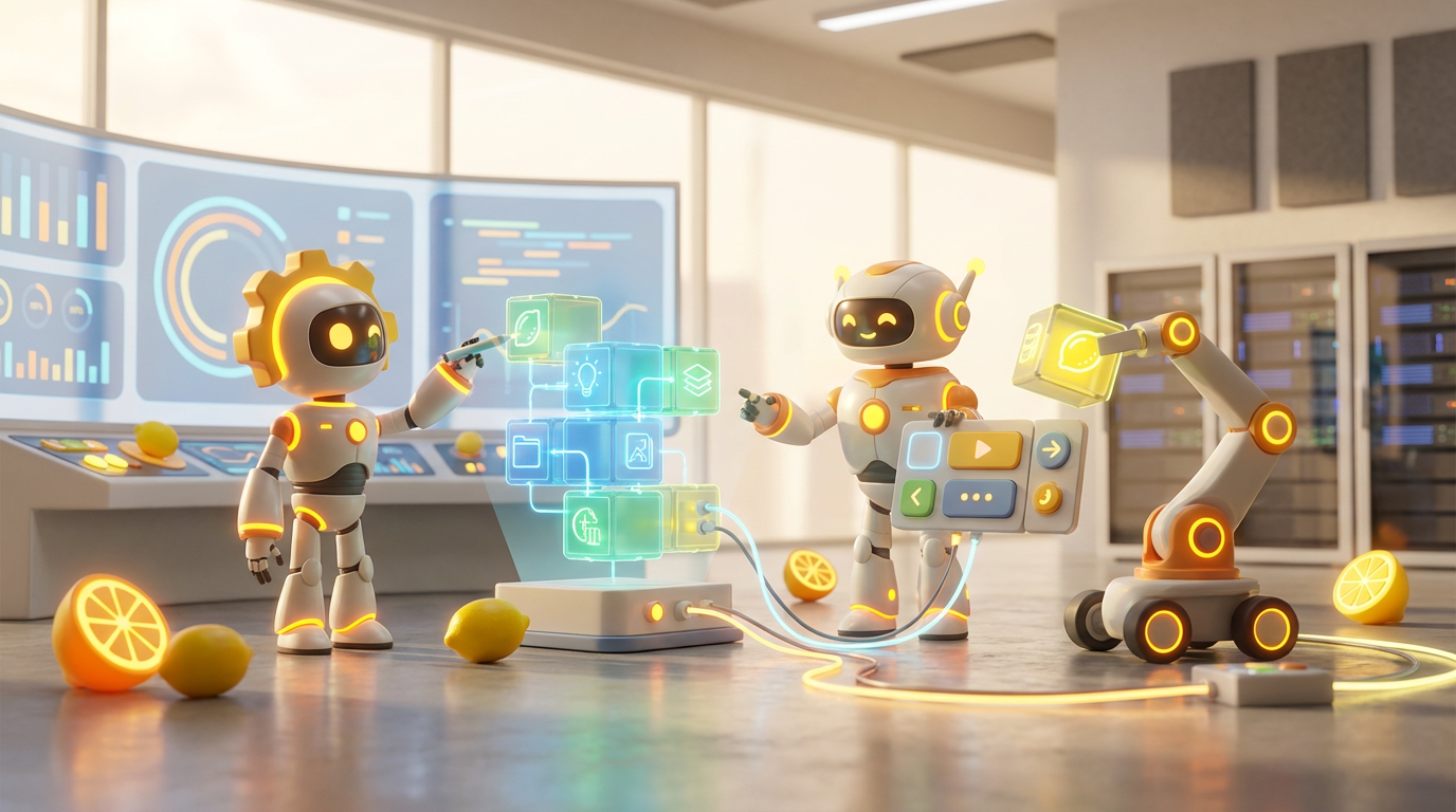 Team of friendly AI robots collaborating in a bright, modern tech space with citrus accents, illustrating why every LLM stack needs a flexible no code layer.