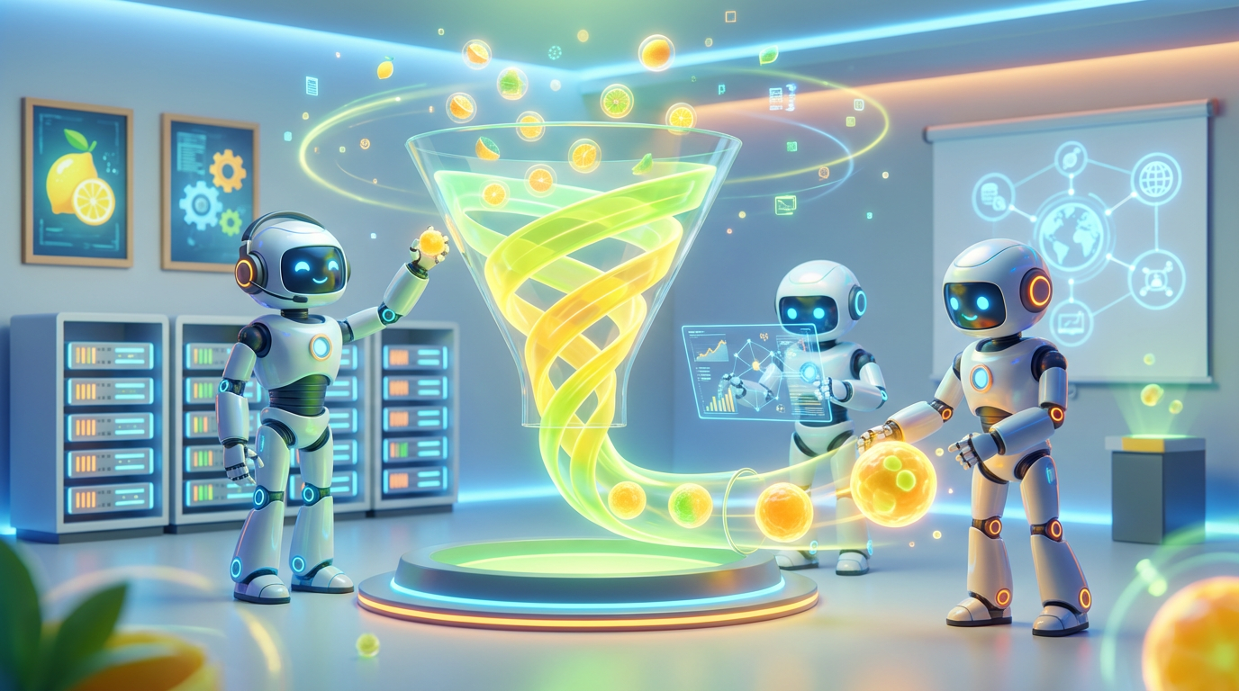 Team of friendly AI robots collaborating in a bright, modern tech space with citrus accents, illustrating how referrals perform better using an AI funnel system.