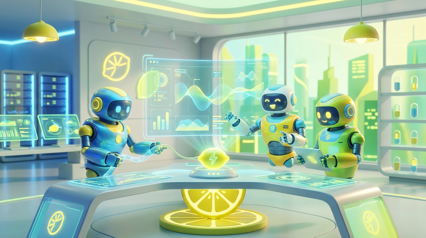 Team of friendly AI robots collaborating in a bright, modern tech space with citrus accents, illustrating why scalable AI must be self‑updating to stay effective.