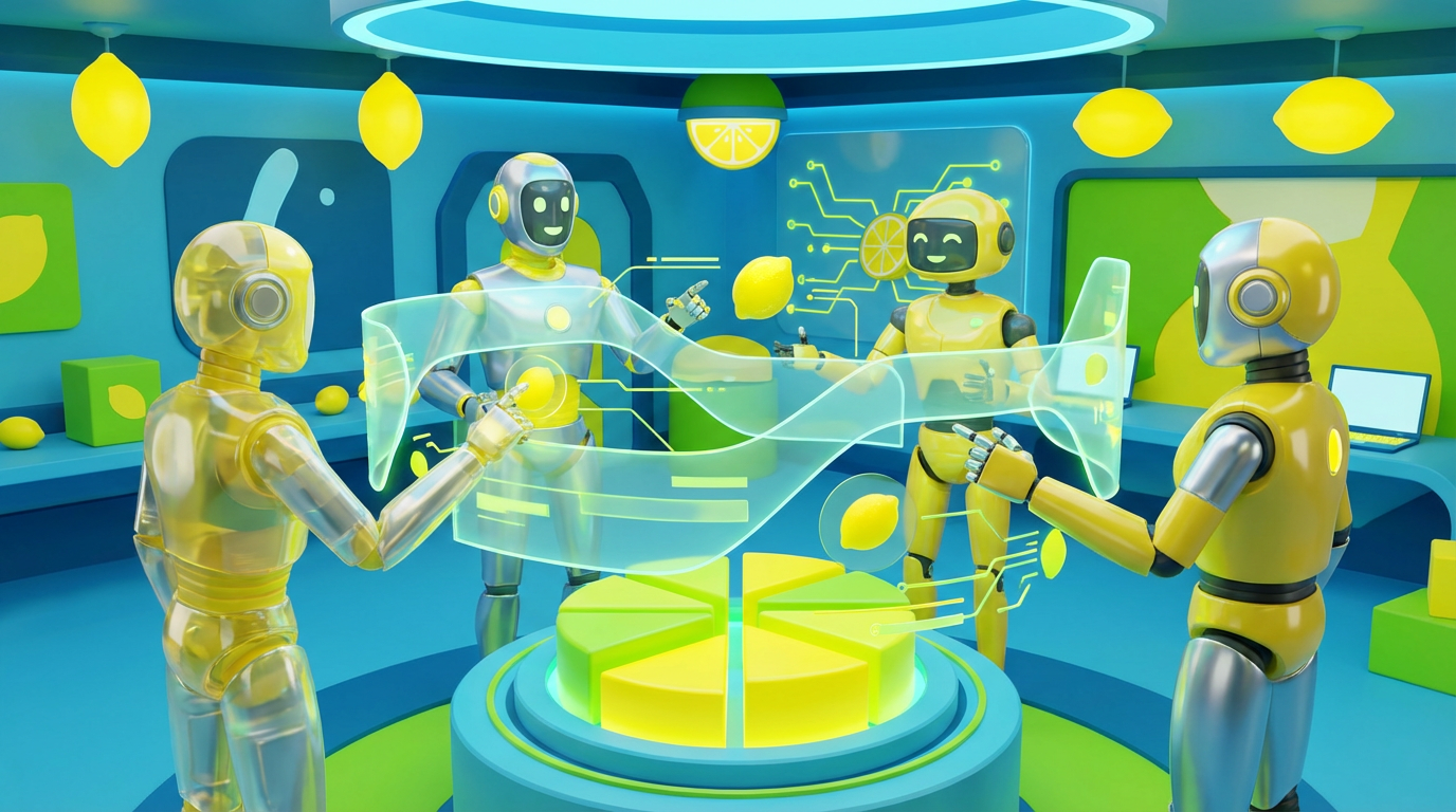 Team of friendly AI robots collaborating in a bright, modern tech space with citrus accents, showing how an internal knowledge base becomes useful with an AI layer.