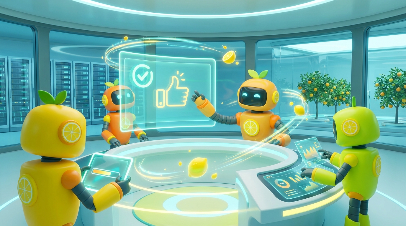 3D robots in a citrus-accented tech room visualize the steps to Build Human in the Loop AI Agents That Ask For Approval.