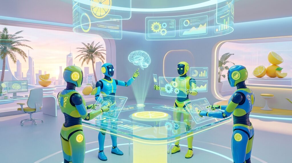 Build Smart AI Agents depicted as friendly 3D robots collaborating in a vibrant citrus-lit tech studio, streamlining tools with innovation and teamwork.