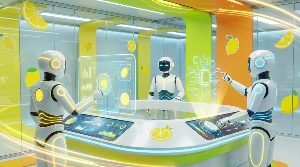 Collaborative AI illustrated by friendly 3D robots working together in a vibrant citrus-lit tech studio, symbolising innovation, motion, and future-ready teamwork.