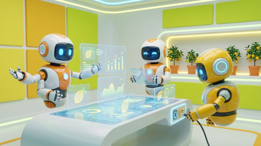 Vibrant 3D robots collaborating in a modern office with lemon accents, visualizing the rise in Team Productivity.